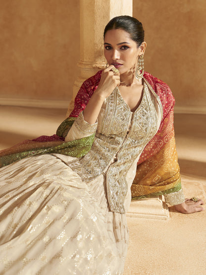 Elegant Cream Sequins Silk Lehenga with Long Blouse for Wedding Wear