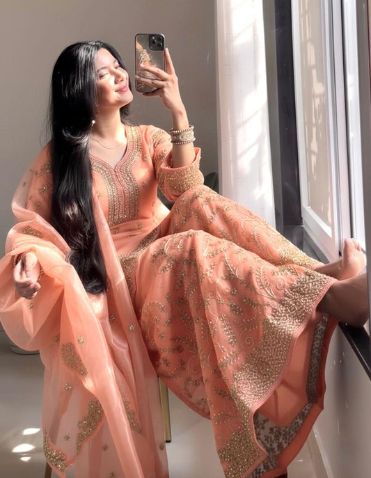 Peach Ethereal Silk Embroidered Ensemble Eid Special