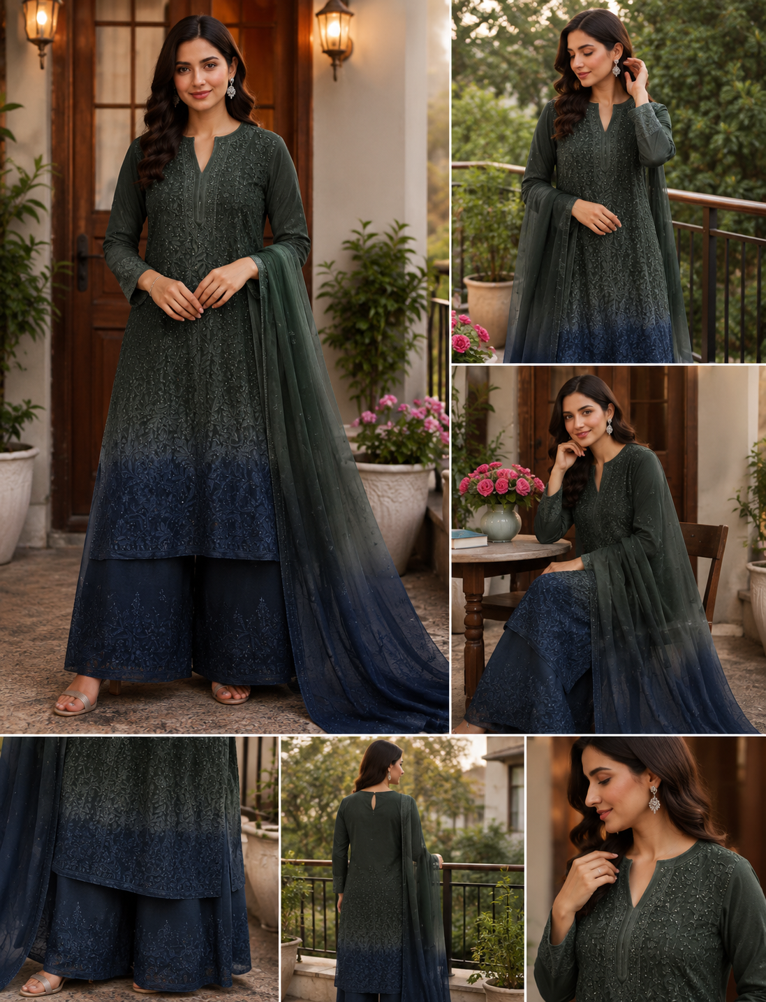 Emerald Midnight Viscose Resham Mukesh Jaal Kurti Palazzo Set with Dupatta