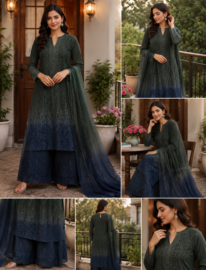 Emerald Midnight Viscose Resham Mukesh Jaal Kurti Palazzo Set with Dupatta