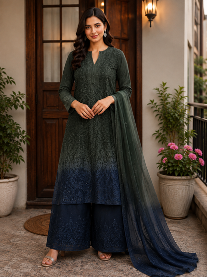 Emerald Midnight Viscose Resham Mukesh Jaal Kurti Palazzo Set with Dupatta