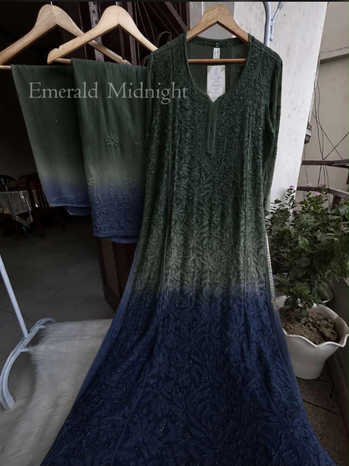 Emerald Midnight Viscose Resham Mukesh Jaal Kurti Palazzo Set with Dupatta