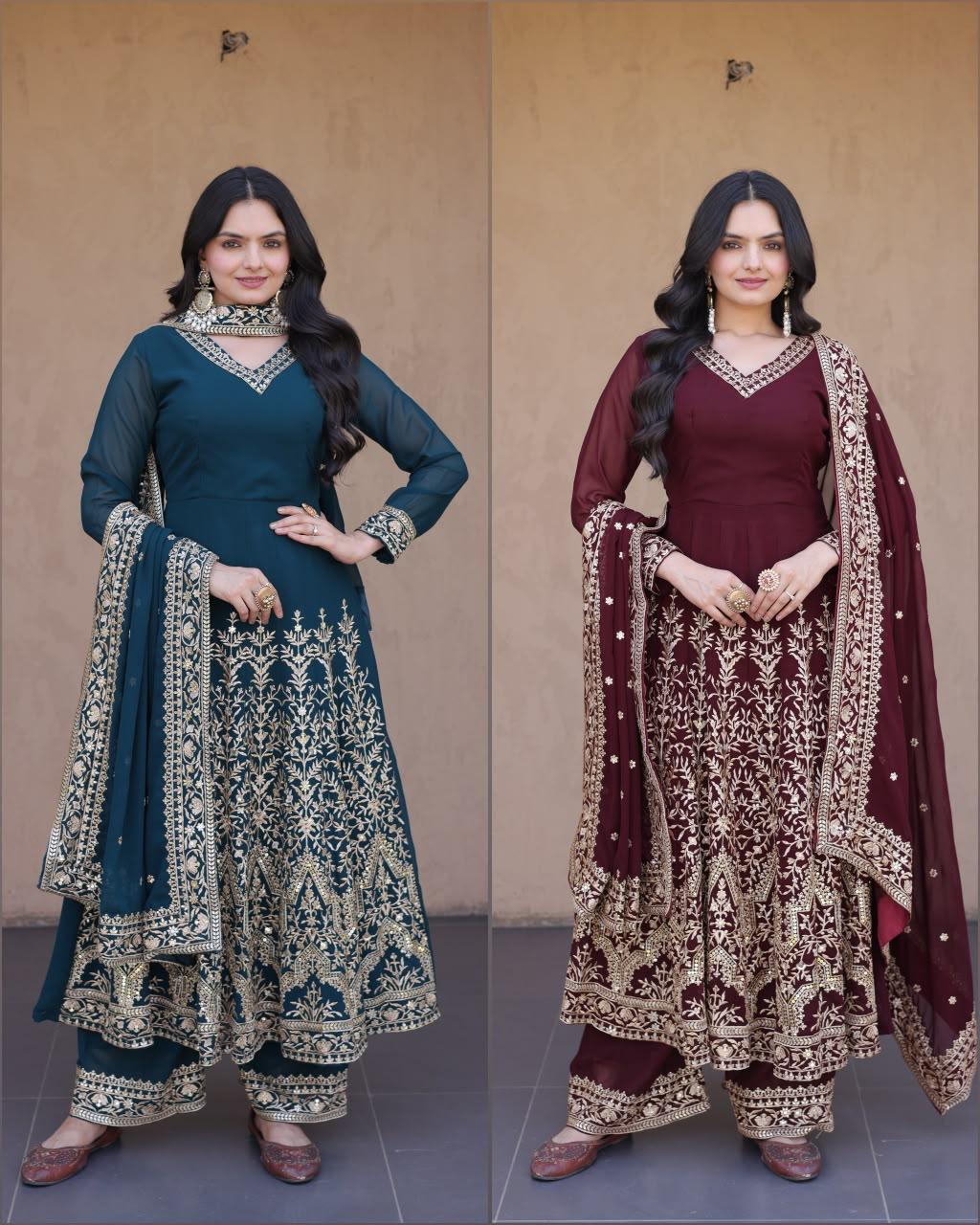 deep teal and wine embroidered Anarkali gown color comparison
