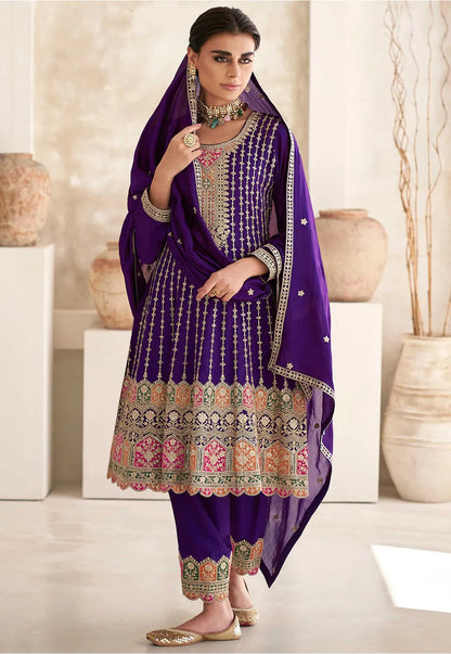 Purple Silk Afghani Pant Salwar Kameez with Dupatta