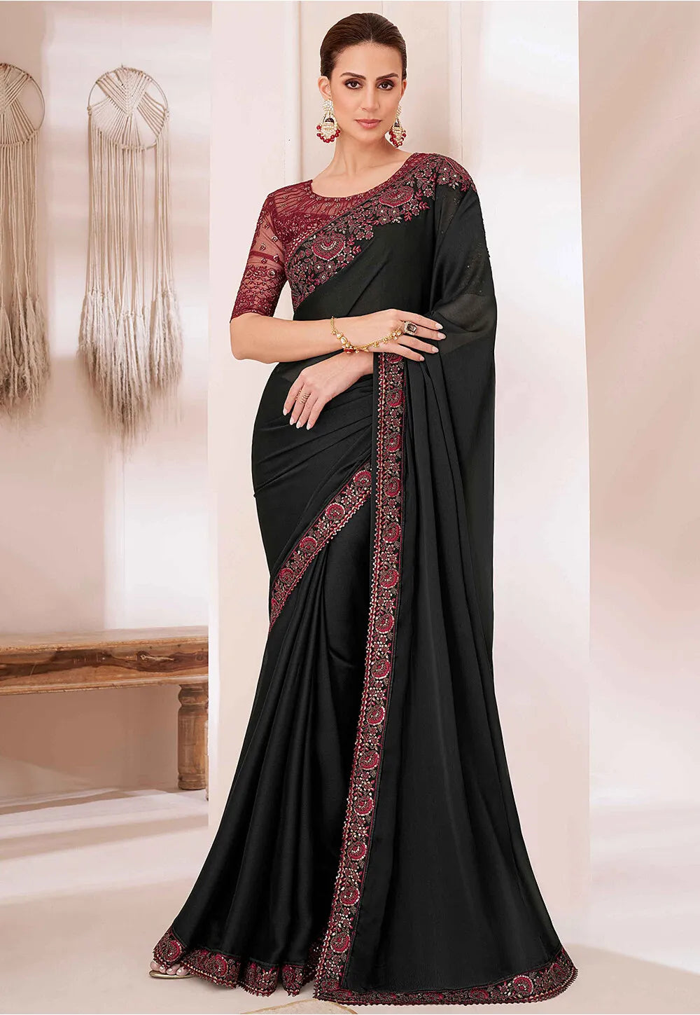 Black Elegant Party Wear Chiffon Saree with Embroidered Banglori Silk Blouse