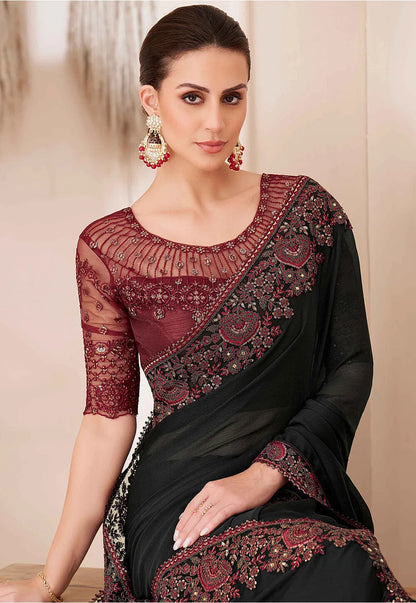 Black Elegant Party Wear Chiffon Saree with Embroidered Banglori Silk Blouse