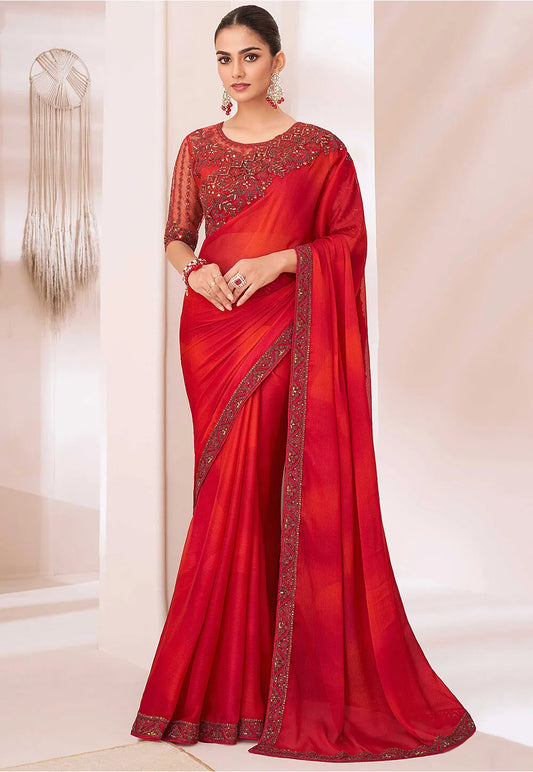 Red Elegant Party Wear Chiffon Saree with Embroidered Banglori Silk Blouse