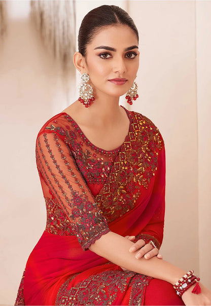 Red Elegant Party Wear Chiffon Saree with Embroidered Banglori Silk Blouse