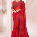 Red Elegant Party Wear Chiffon Saree with Embroidered Banglori Silk Blouse