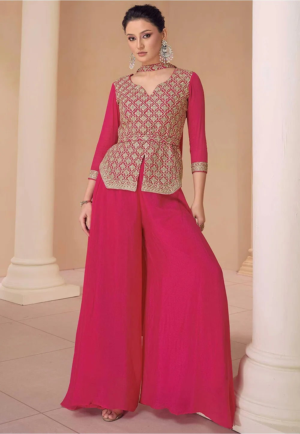 Pink Premium Chinon Silk Indo-Western Palazzo Set