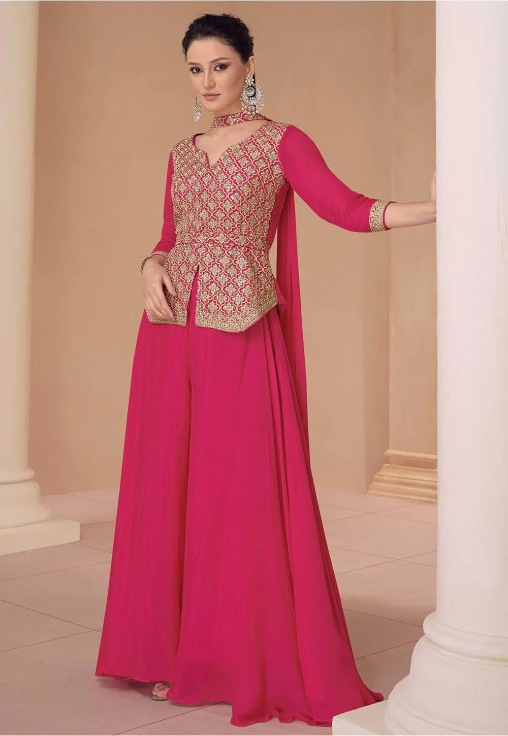 Pink Premium Chinon Silk Indo-Western Palazzo Set