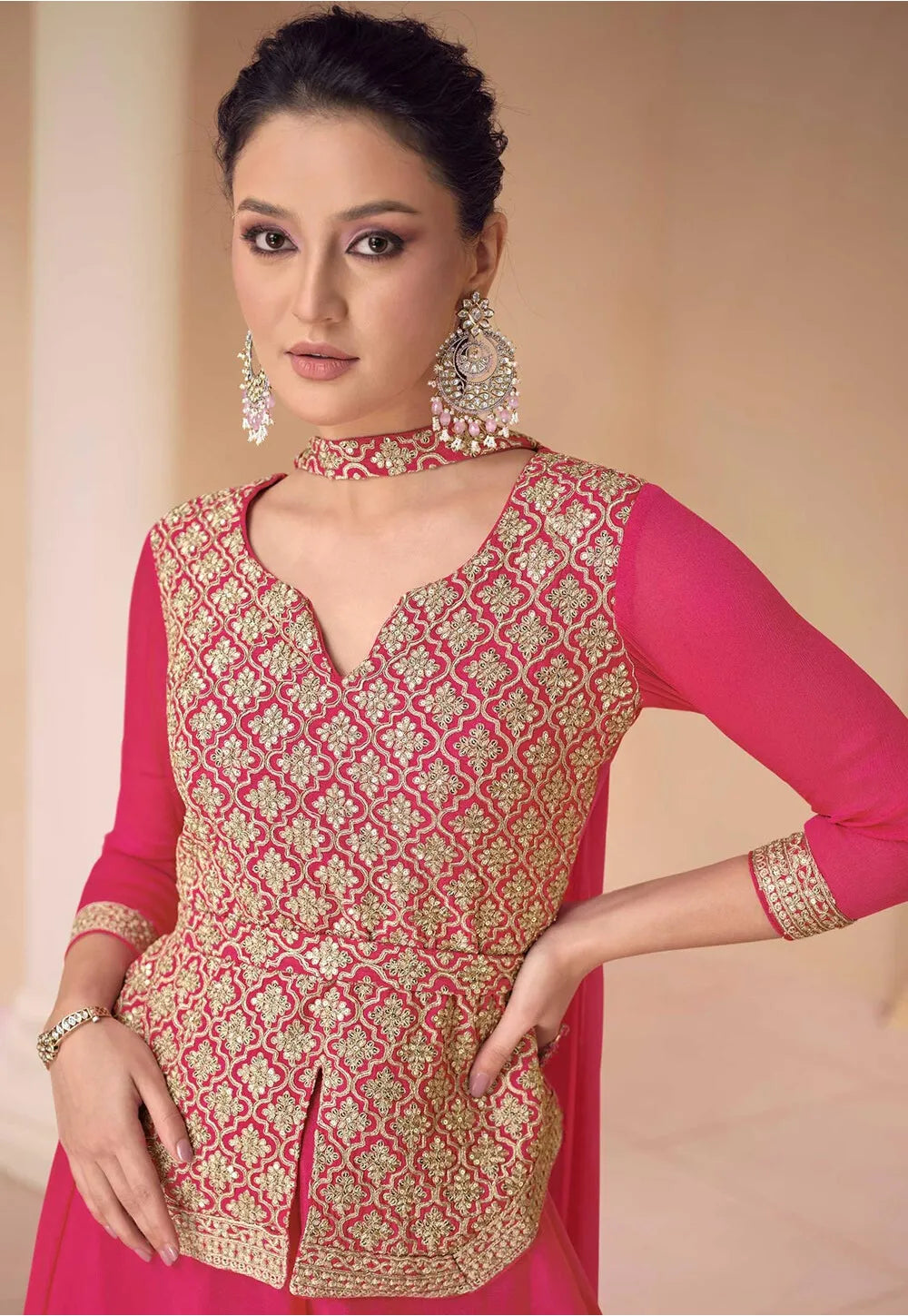 Pink Premium Chinon Silk Indo-Western Palazzo Set