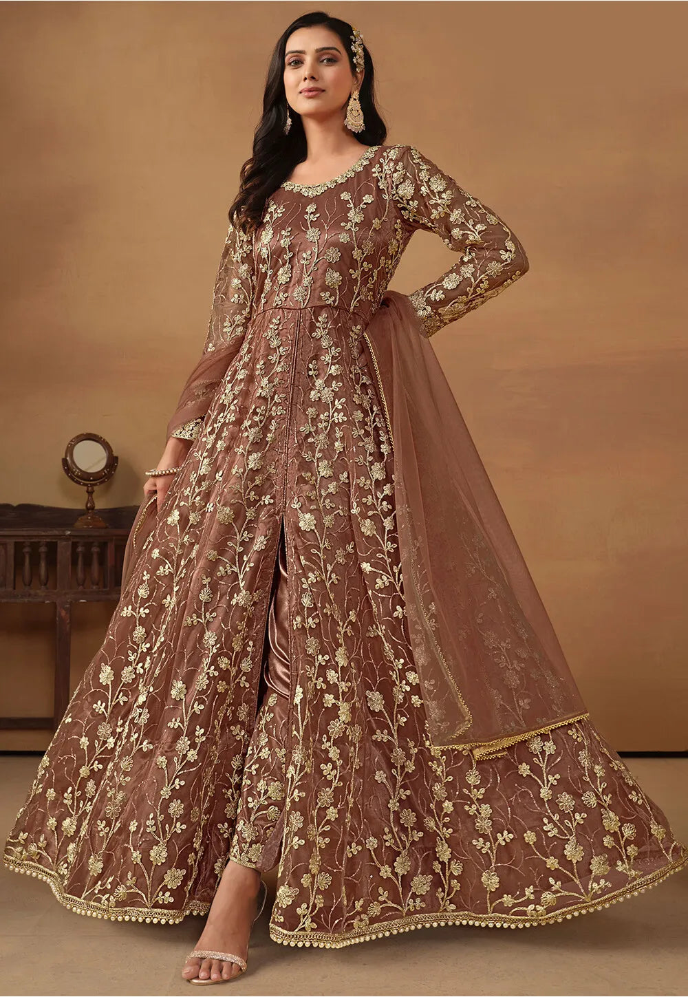 Brown Front Slit Anarkali Salwar Kameez with Embroidery and Stone Work