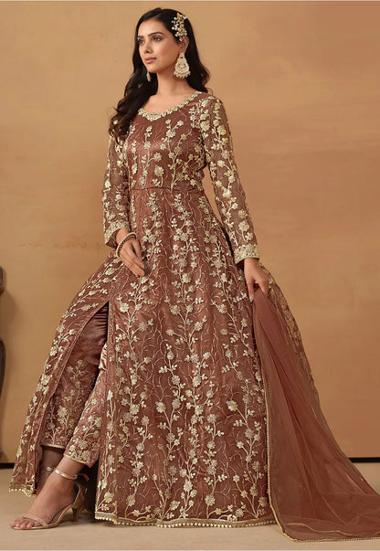 Brown Front Slit Anarkali Salwar Kameez with Embroidery and Stone Work