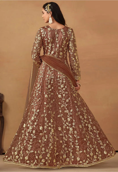 Brown Front Slit Anarkali Salwar Kameez with Embroidery and Stone Work