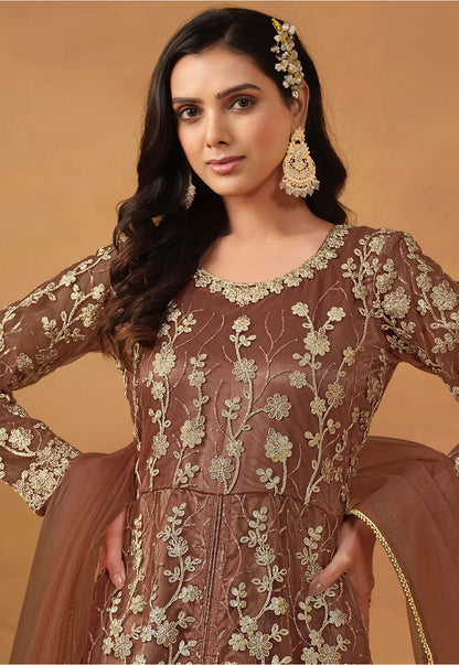 Brown Front Slit Anarkali Salwar Kameez with Embroidery and Stone Work