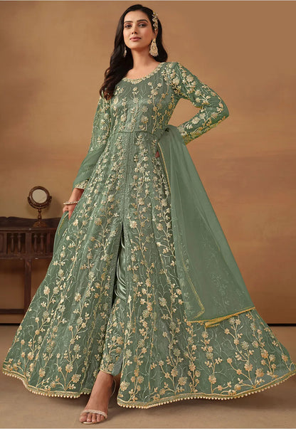 Green Front Slit Anarkali Salwar Kameez with Embroidery and Stone Work