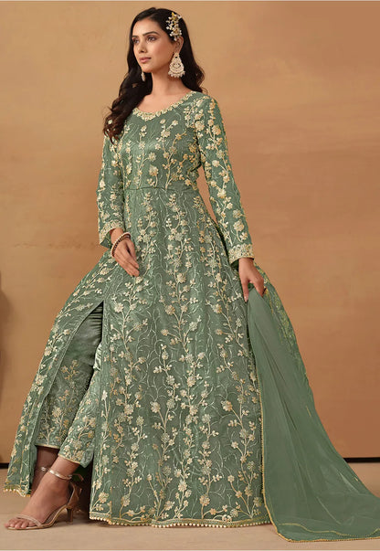 Green Front Slit Anarkali Salwar Kameez with Embroidery and Stone Work