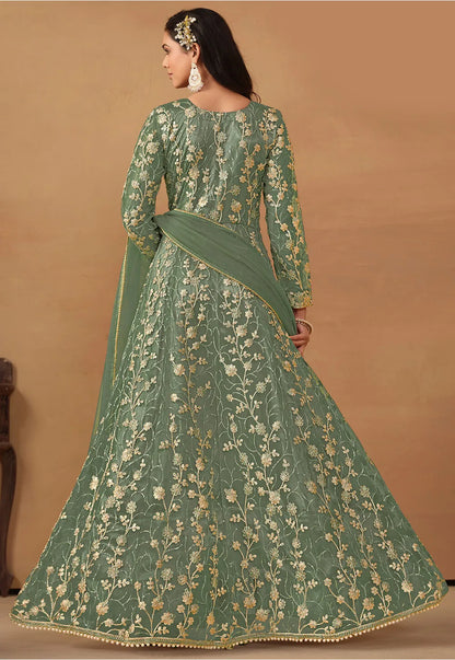 Green Front Slit Anarkali Salwar Kameez with Embroidery and Stone Work