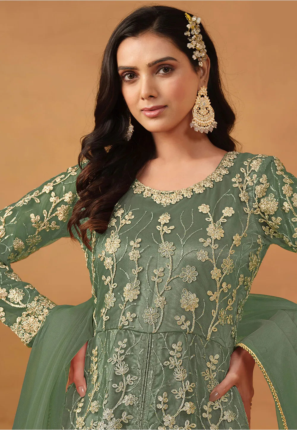 Green Front Slit Anarkali Salwar Kameez with Embroidery and Stone Work