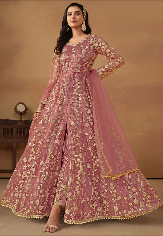 Pink Front Slit Anarkali Salwar Kameez with Embroidery and Stone Work