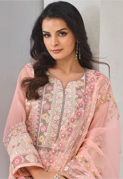 Peach Elegant Organza Pakistani Salwar Suit Set with Resham and Sequins Work