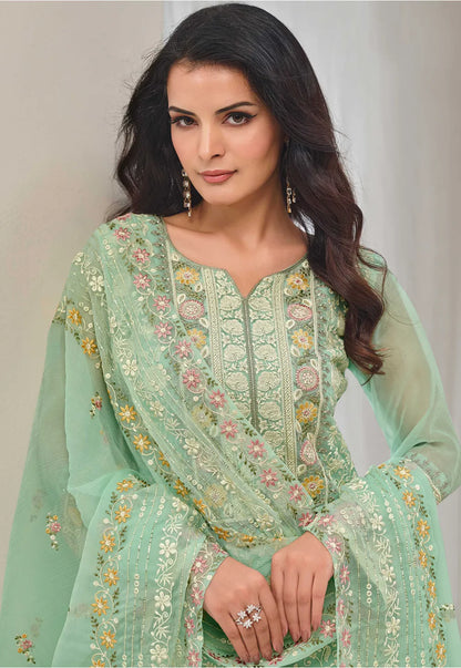 Green Elegant Organza Pakistani Salwar Suit Set with Resham and Sequins Work