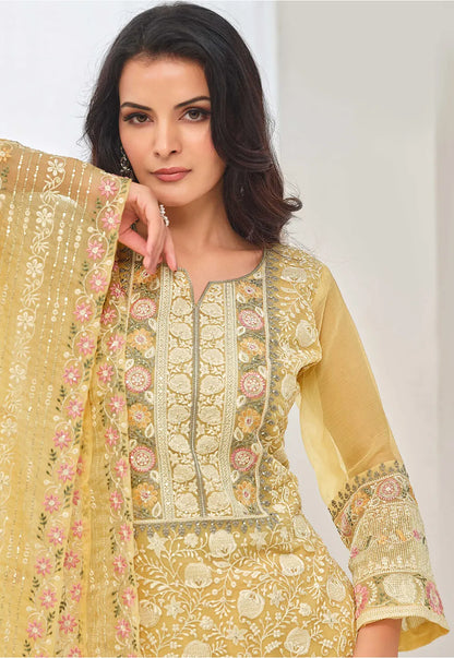 Yellow Elegant Organza Pakistani Salwar Suit Set with Resham and Sequins Work