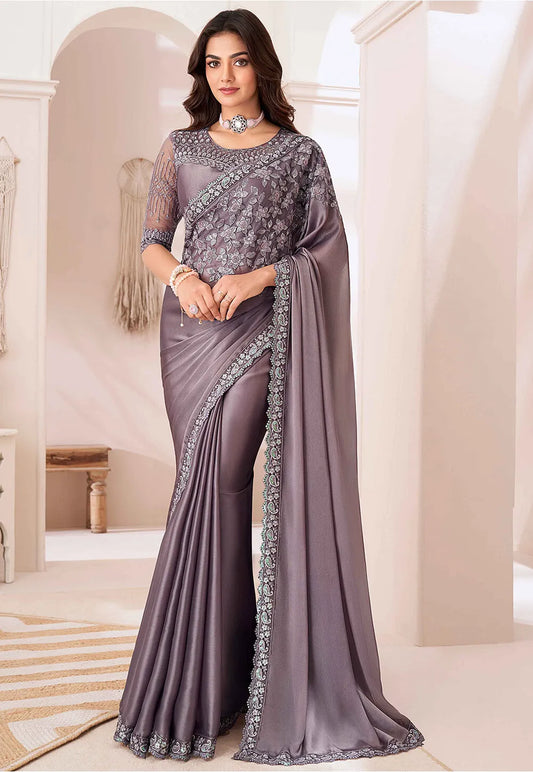 Dusty Purple Elegant Party Wear Chiffon Saree with Embroidered Banglori Silk Blouse