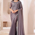 Dusty Purple Elegant Party Wear Chiffon Saree with Embroidered Banglori Silk Blouse