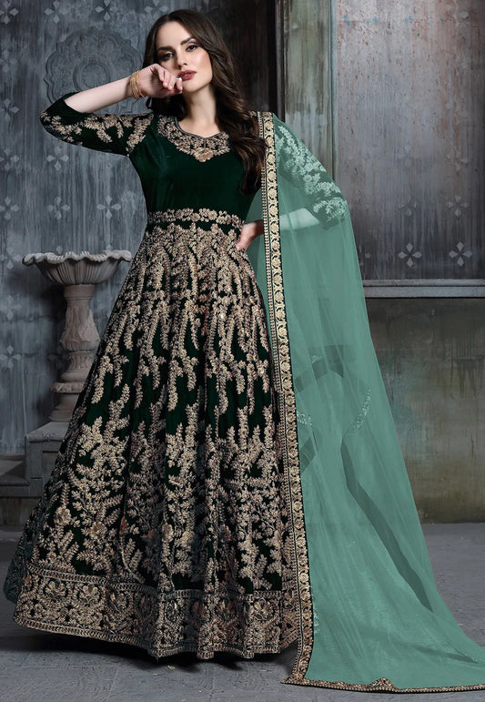 Dark Green Velvet Abaya Style Salwar Kameez