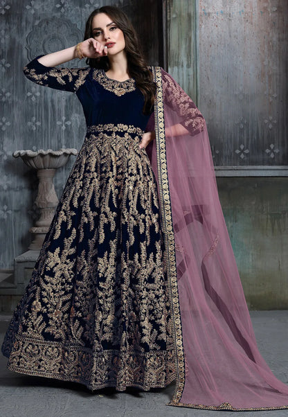 Navy Blue Velvet Abaya Style Salwar Kameez