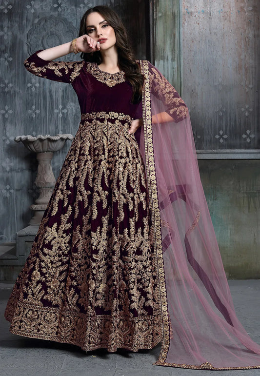 Wine Velvet Abaya Style Salwar Kameez