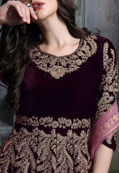 Wine Velvet Abaya Style Salwar Kameez