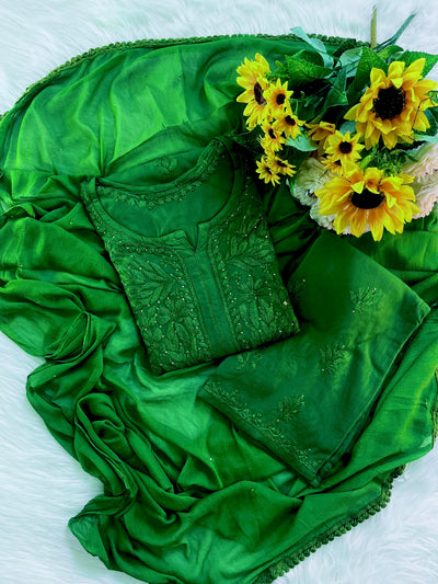 Emerald Green Iconic Mukaish Work Lucknow Chikankari 3-Piece Set