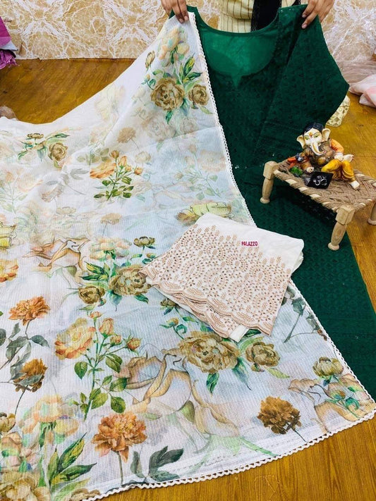 Emerald Elegance: Green Cotton Chikan Kurti with Sequins, Zari Embroidery & Digital Printed Kota Dupatta - Inayakhan Shop 