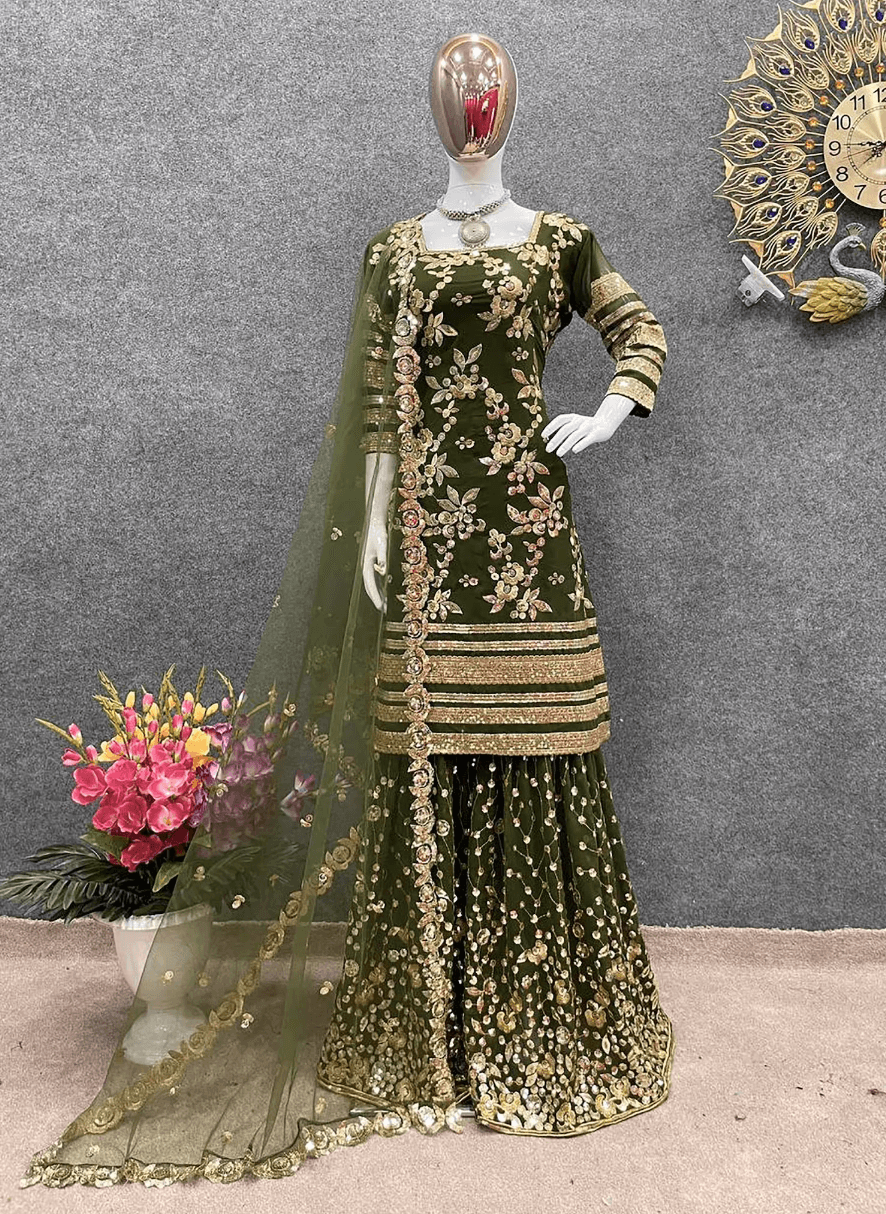 Emerald Elegance: Green Gharara Faux Georgette Sequin Work Pakistani Style Palazzo Set - Inayakhan Shop 