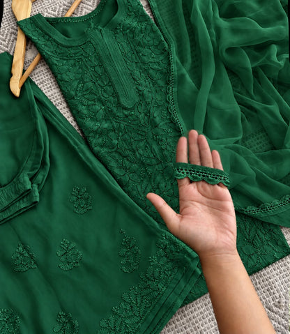 Premium Emerald Green Resham Viscose Jaal Kurti, Palazzo & Dupatta Set (New)