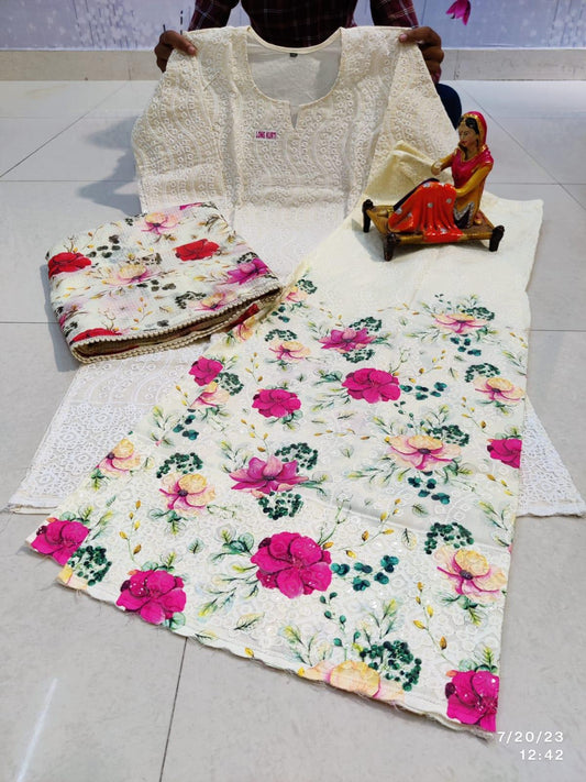 🌸 Enchanting Chikankari Sequins White Kurti Set with Peach Pink Floral Digital Print Sharara and Dupatta🌸 - Inayakhan Shop 