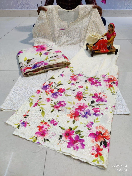 🌸 Enchanting Chikankari Sequins White Kurti Set with Pink Floral Digital Print Sharara and Dupatta🌸 - Inayakhan Shop 