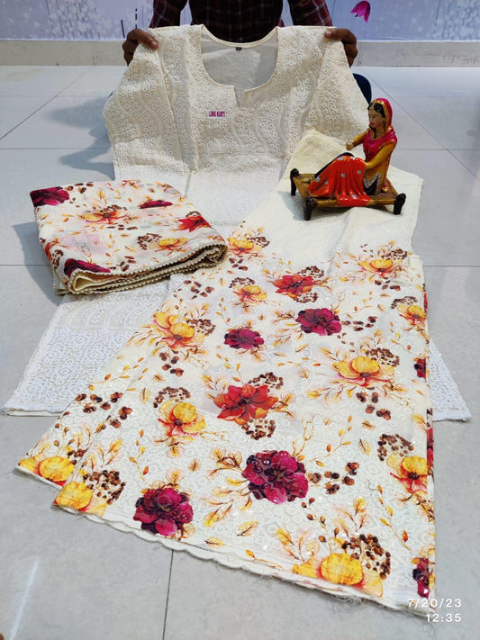 🌸 Enchanting Chikankari Sequins White Kurti Set with Yellow Red Floral Digital Print Sharara and Dupatta🌸 - Inayakhan Shop 