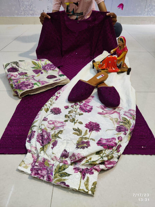 Enchanting Purple Cotton Phulkari Suit: Afghani Salwar and Digital Print Dupatta - Inayakhan Shop 