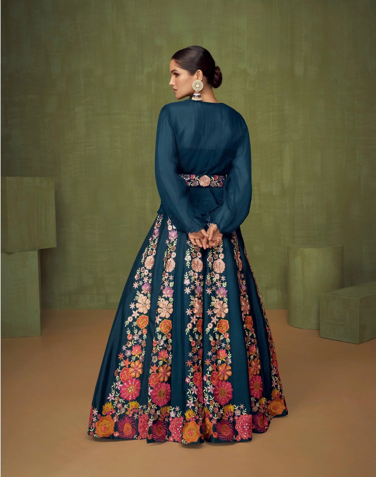 Blue Eleganza Indo-Western Embroidered Anarkali Gown Set