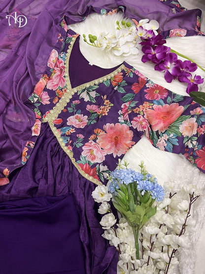 Ethereal Blooms: Premium Digital Print Flair Gown Pant with Full Dupatta Set" - Inayakhan Shop 