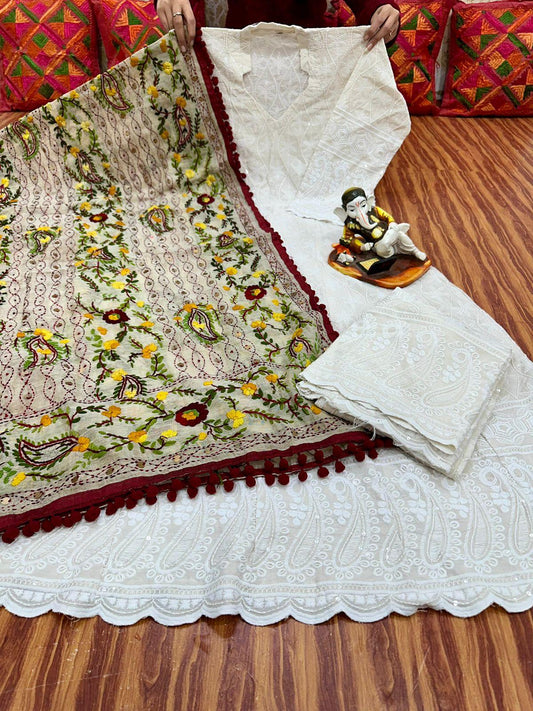 Ethereal Elegance - 15 : Sequined White Chikankari Cutwork Anarkali with phulkari Dupatta - Inayakhan Shop 