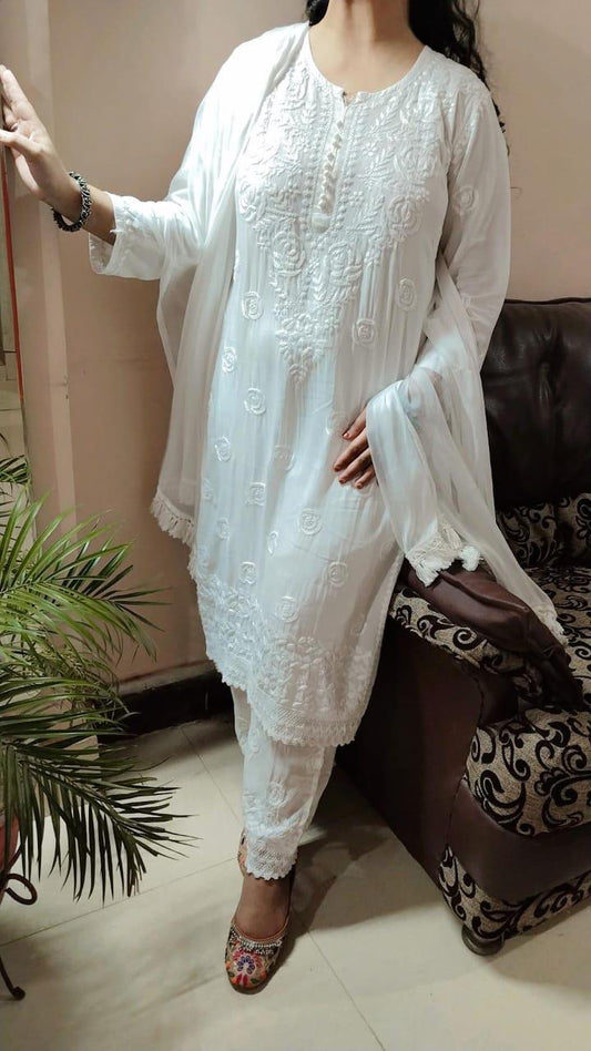 Ethereal White Chikankari Rayon Kurti & Palazzo Set - Inayakhan Shop 