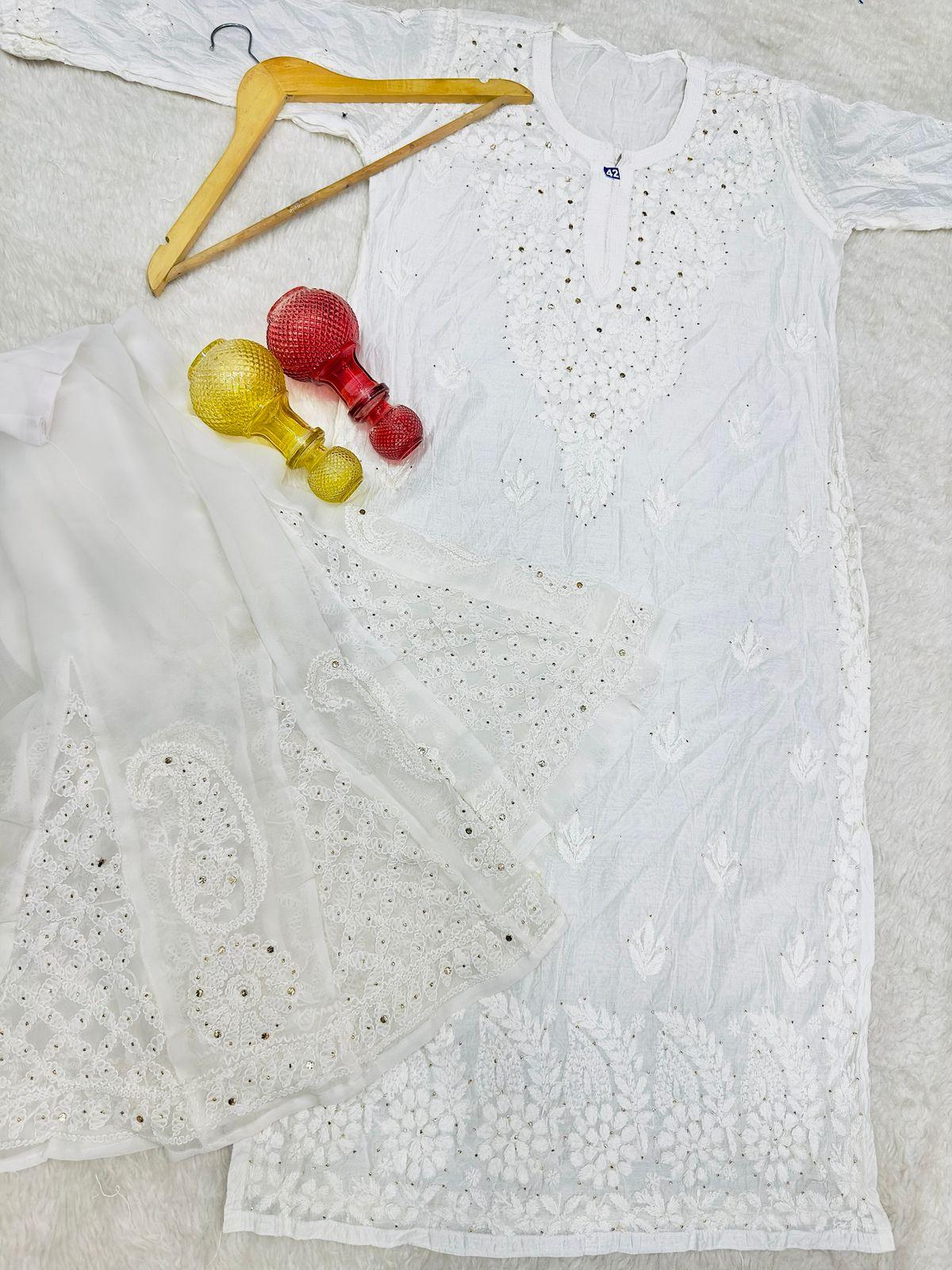 Ethereal White Lucknowi Chikankari Kurti with Georgette Kalidar Mukesh Work Sharara - Inayakhan Shop 