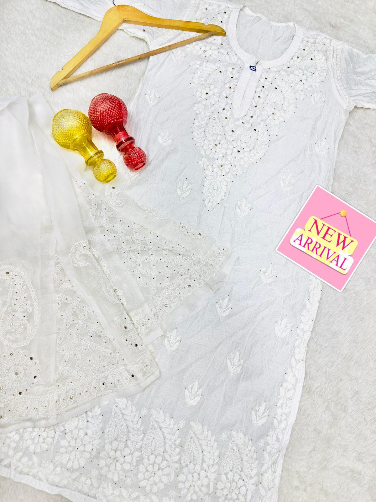 Ethereal White Lucknowi Chikankari Kurti with Georgette Kalidar Mukesh Work Sharara - Inayakhan Shop 