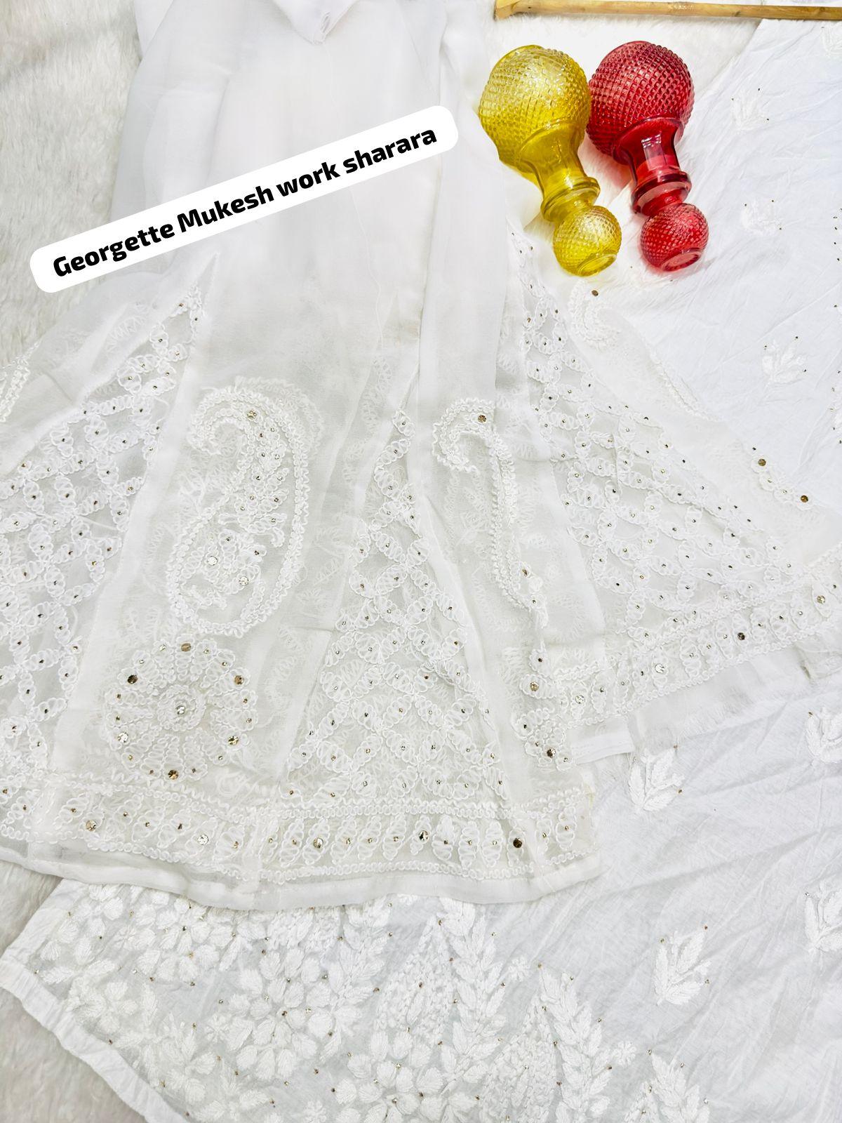 Ethereal White Lucknowi Chikankari Kurti with Georgette Kalidar Mukesh Work Sharara - Inayakhan Shop 