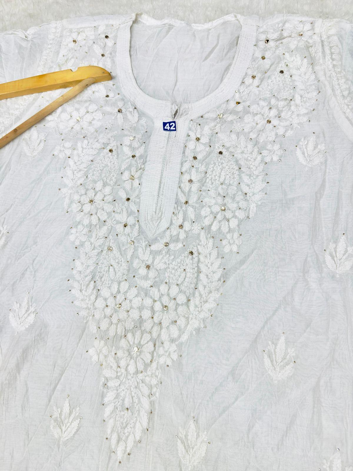 Ethereal White Lucknowi Chikankari Kurti with Georgette Kalidar Mukesh Work Sharara - Inayakhan Shop 